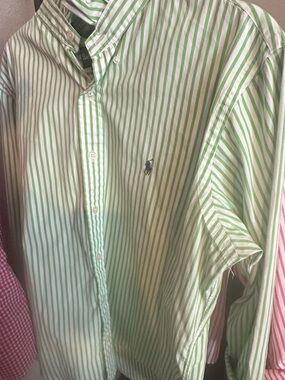 Upcycled Ralph Lauren Green and White Striped Button-Down Ruffled Collar Shirt